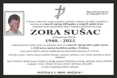 Zora Sušac (1940-2025) - Osmrtnica - Osmrtnica, Čapljina