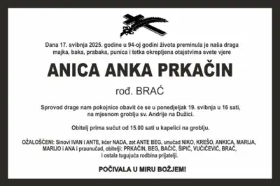 Anica Anka prkačin - Osmrtnica