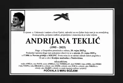 ANDRIJANA TEKLIĆ - Osmrtnica - Osmrtnica, Livno