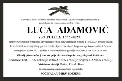 Luca Adamović (1935-2025) - Osmrtnica - Osmrtnica, Neum